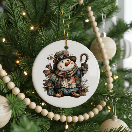 Rustic Snowman With Walking Stick ceramic Christmas ornament, front view