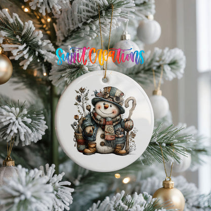 rustic snowman with a walking stick and lantern ceramic Christmas ornament hanging on a frosted Christmas tree