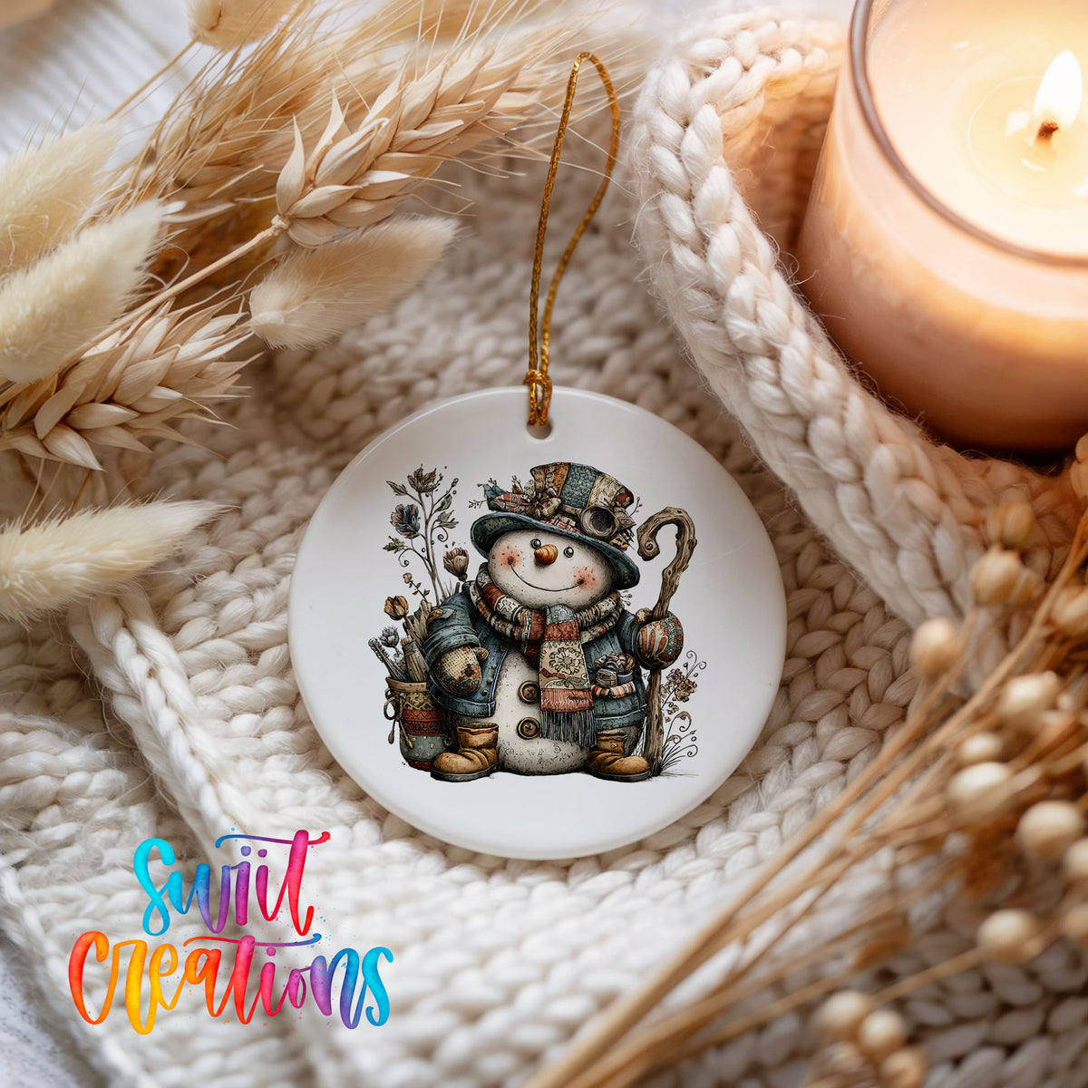 rustic snowman with a walking stick and lantern ceramic Christmas ornament styled on a cozy knit blanket
