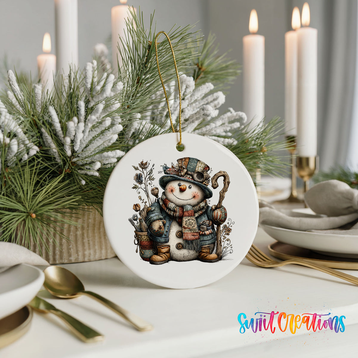 rustic snowman with a walking stick and lantern ceramic Christmas ornament shown in a holiday table setting