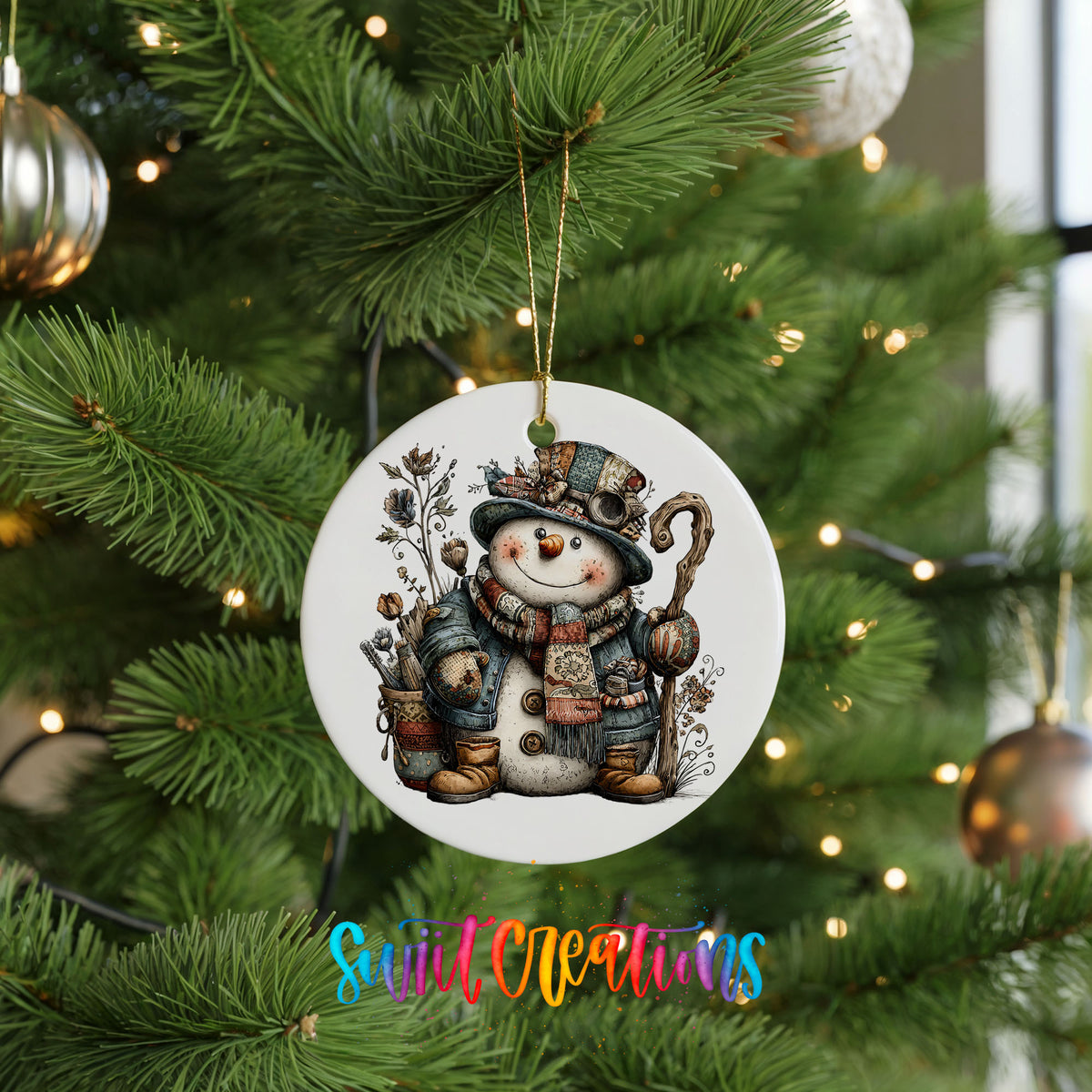 rustic snowman with a walking stick and lantern ceramic Christmas ornament hanging on a lit Christmas tree