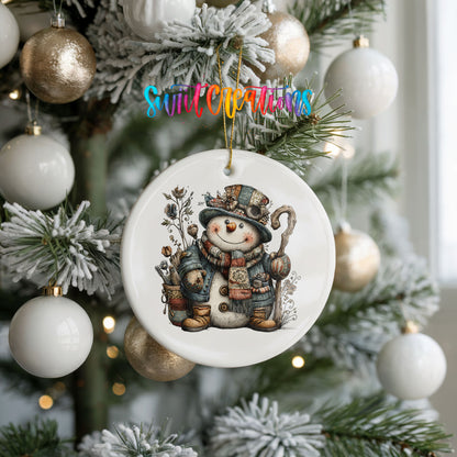 rustic snowman with a walking stick and lantern ceramic Christmas ornament hanging on a frosted tree with ornaments