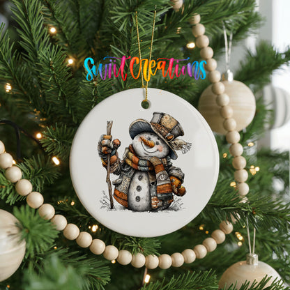 rustic snowman in a top hat carrying a walking stick ceramic Christmas ornament hanging on a green Christmas tree