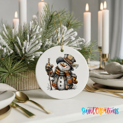 rustic snowman in a top hat carrying a walking stick ceramic Christmas ornament shown in a holiday table setting