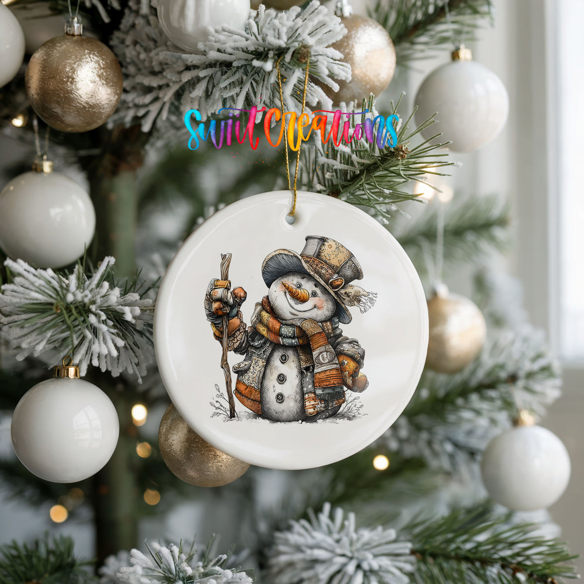 rustic snowman in a top hat carrying a walking stick ceramic Christmas ornament hanging on a frosted tree with ornaments