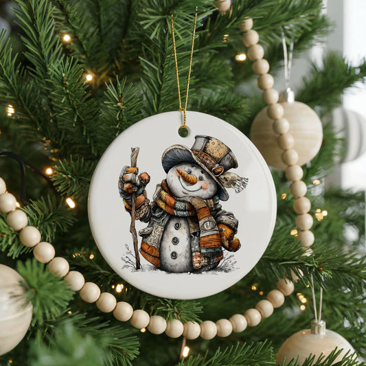 Snowman In Top Hat With Walking Stick ceramic Christmas ornament, front view