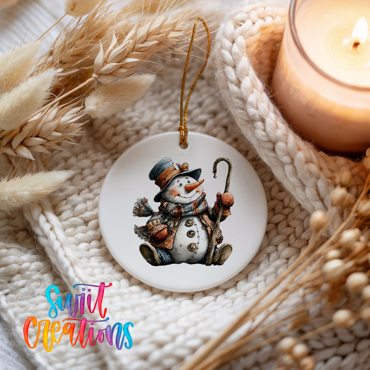 playful snowman in a top hat with a candy cane ceramic Christmas ornament styled on a cozy knit blanket