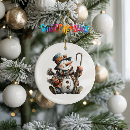 playful snowman in a top hat with a candy cane ceramic Christmas ornament hanging on a frosted tree with ornaments