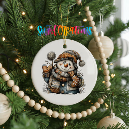 snowman in a striped knit hat and winter mittens ceramic Christmas ornament hanging on a green Christmas tree