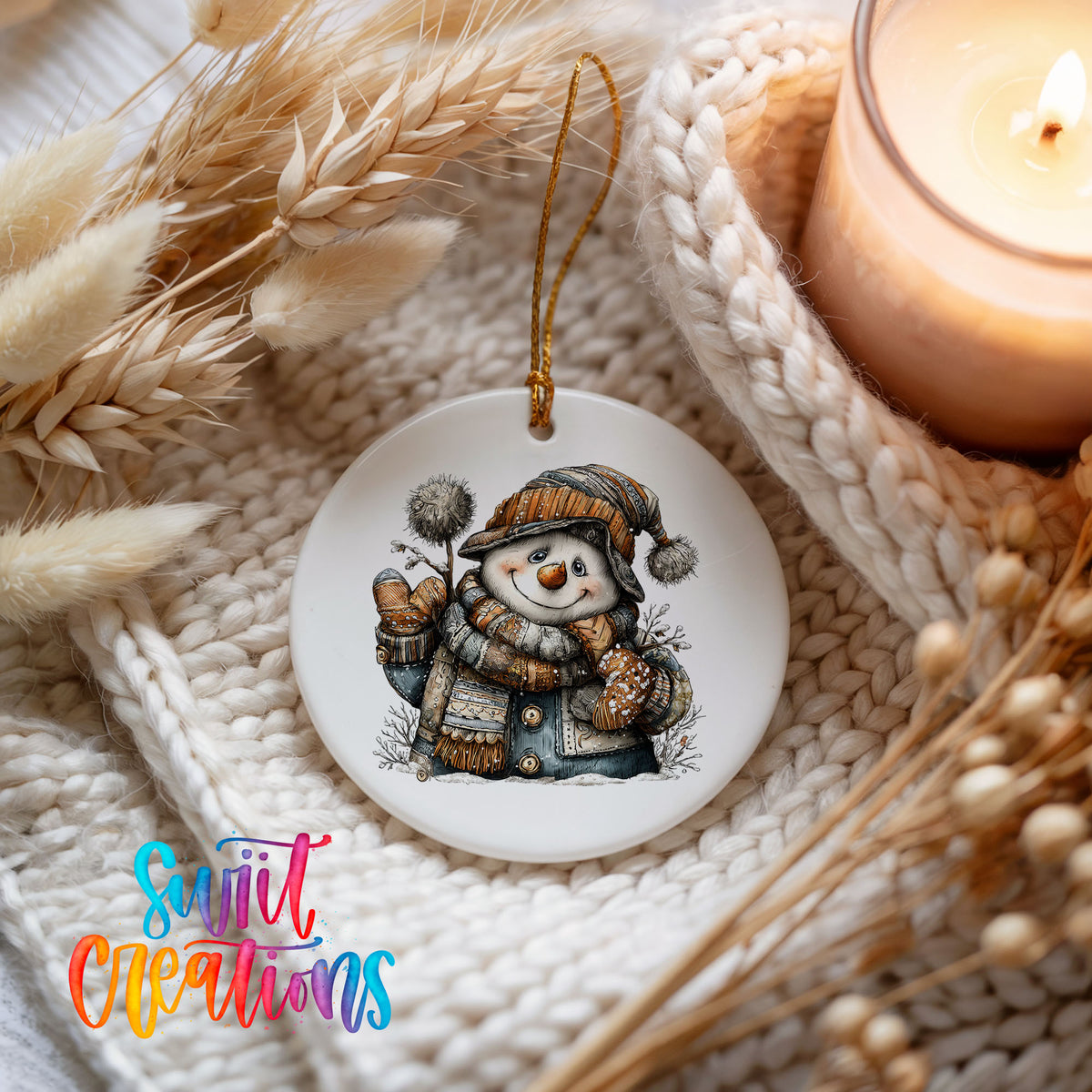 snowman in a striped knit hat and winter mittens ceramic Christmas ornament styled on a cozy knit blanket