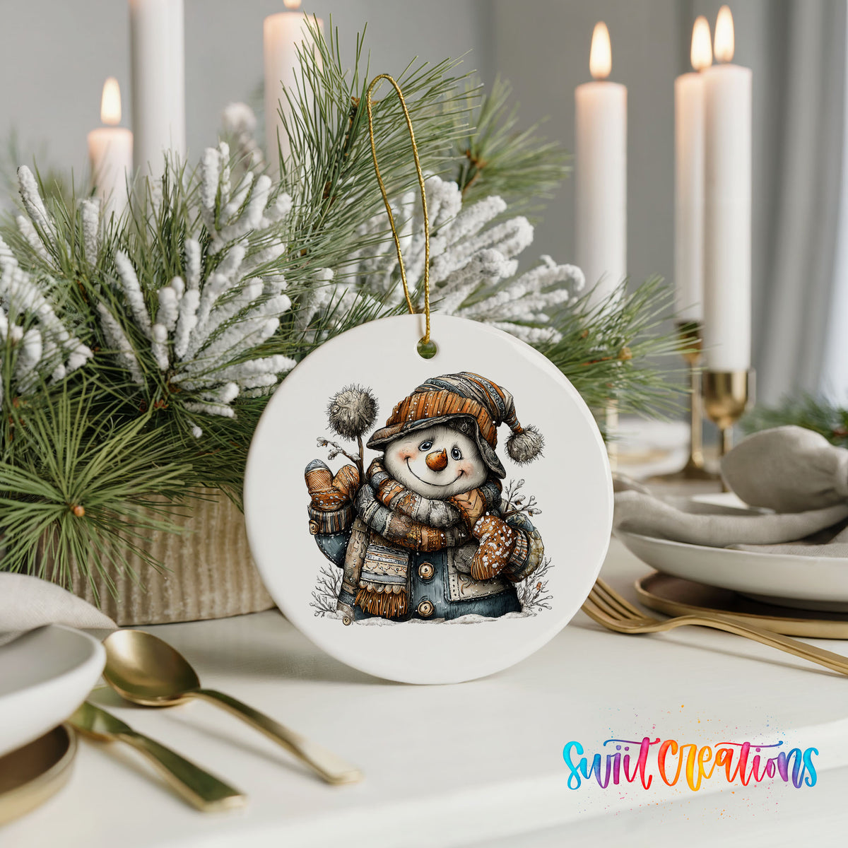 snowman in a striped knit hat and winter mittens ceramic Christmas ornament shown in a holiday table setting