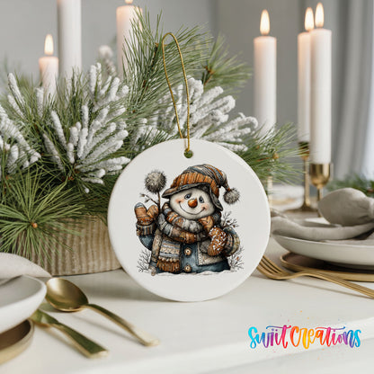 snowman in a striped knit hat and winter mittens ceramic Christmas ornament shown in a holiday table setting