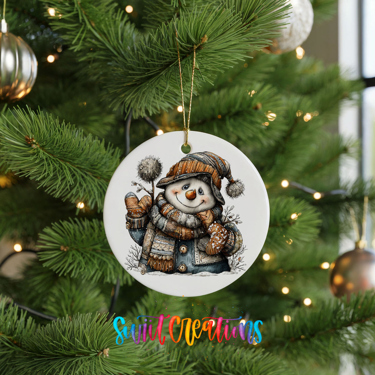 snowman in a striped knit hat and winter mittens ceramic Christmas ornament hanging on a lit Christmas tree