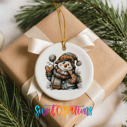 snowman in a striped knit hat and winter mittens ceramic Christmas ornament displayed on a wrapped Christmas gift