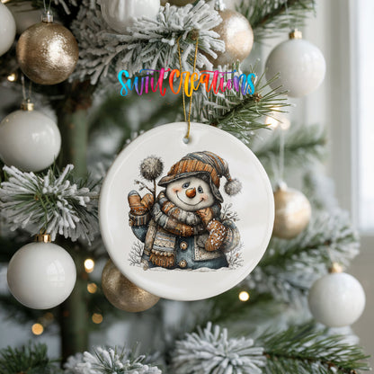 snowman in a striped knit hat and winter mittens ceramic Christmas ornament hanging on a frosted tree with ornaments