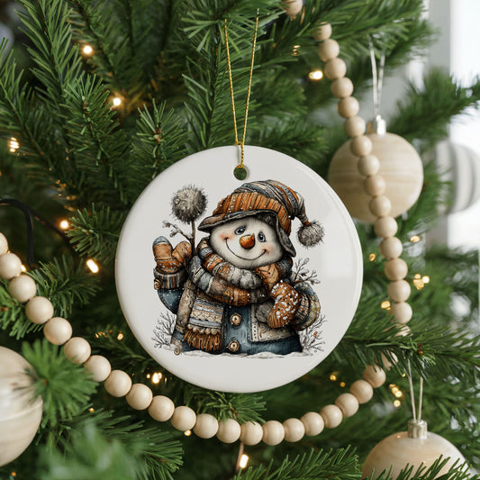 Snowman In Striped Knit Hat ceramic Christmas ornament, front view