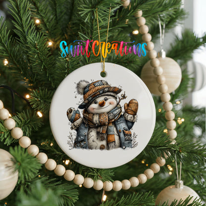cheerful snowman in a striped knit hat ceramic Christmas ornament hanging on a green Christmas tree