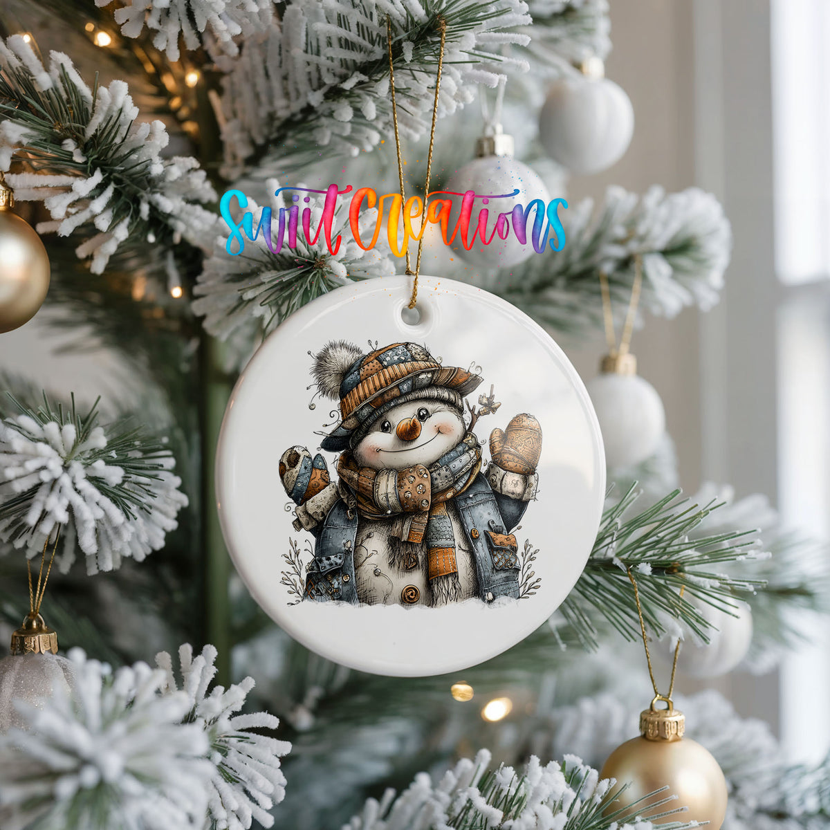 cheerful snowman in a striped knit hat ceramic Christmas ornament hanging on a frosted Christmas tree