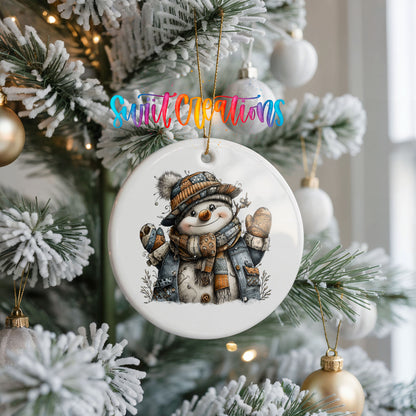cheerful snowman in a striped knit hat ceramic Christmas ornament hanging on a frosted Christmas tree