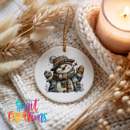 cheerful snowman in a striped knit hat ceramic Christmas ornament styled on a cozy knit blanket