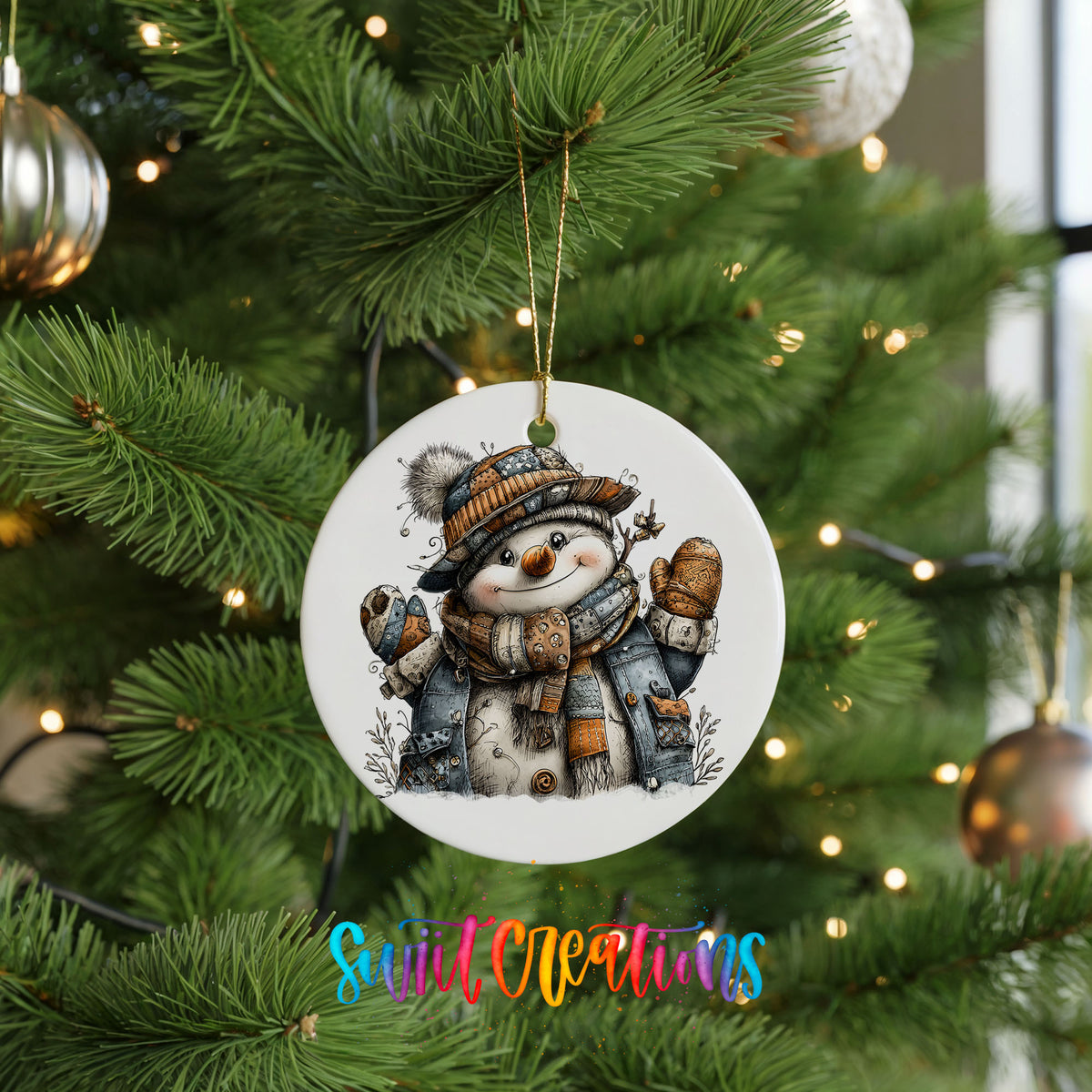cheerful snowman in a striped knit hat ceramic Christmas ornament hanging on a lit Christmas tree