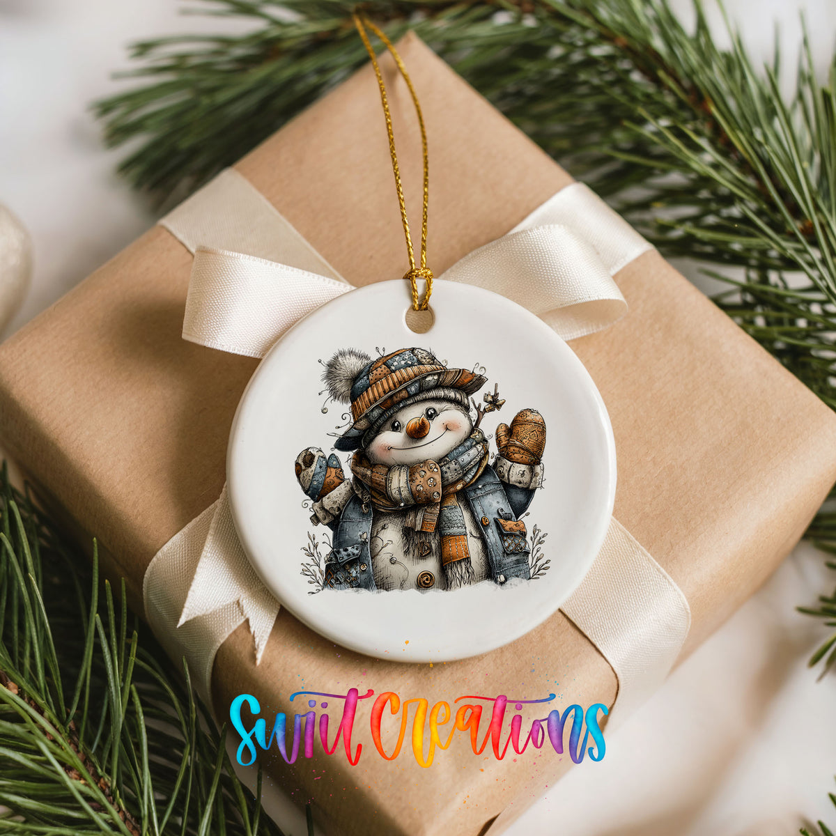 cheerful snowman in a striped knit hat ceramic Christmas ornament displayed on a wrapped Christmas gift