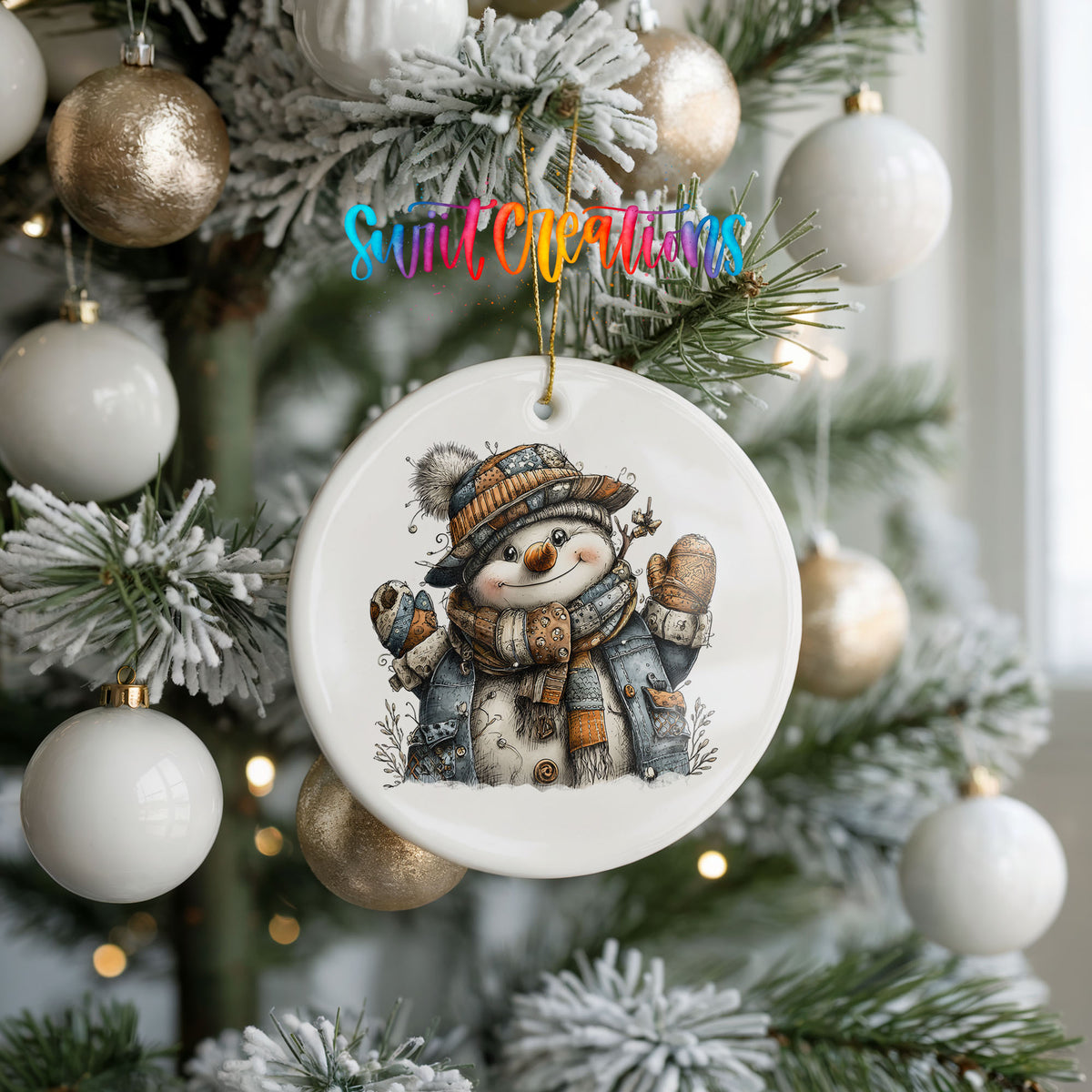 cheerful snowman in a striped knit hat ceramic Christmas ornament hanging on a frosted tree with ornaments