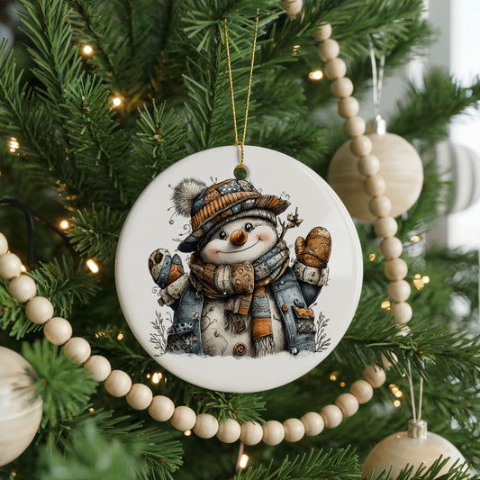 Cheerful Snowman In Winter Hat ceramic Christmas ornament, front view