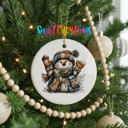 cheerful snowman raising striped winter mittens ceramic Christmas ornament hanging on a green Christmas tree