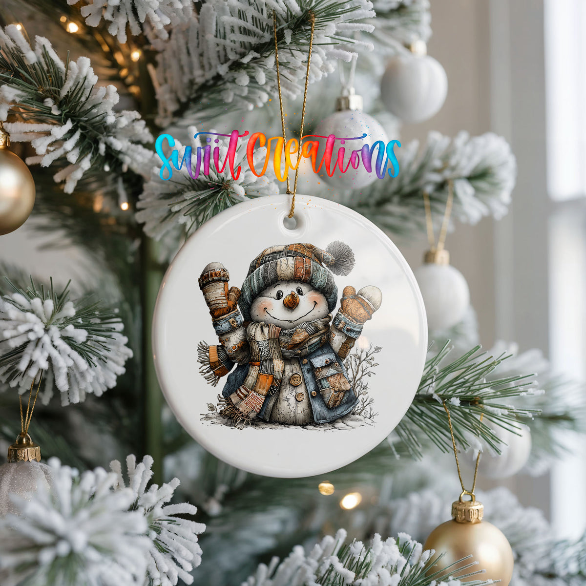 cheerful snowman raising striped winter mittens ceramic Christmas ornament hanging on a frosted Christmas tree