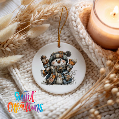 cheerful snowman raising striped winter mittens ceramic Christmas ornament styled on a cozy knit blanket