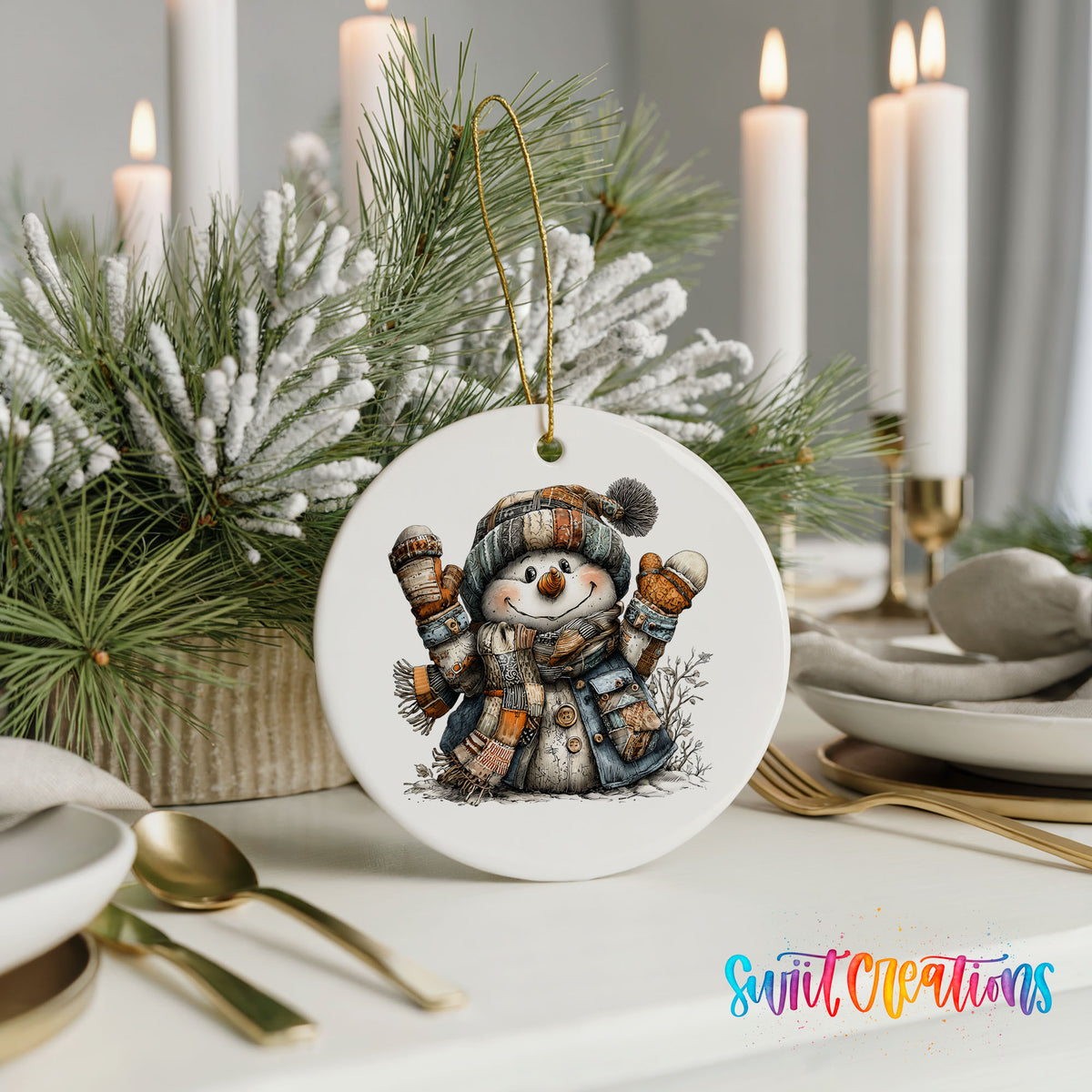 cheerful snowman raising striped winter mittens ceramic Christmas ornament shown in a holiday table setting