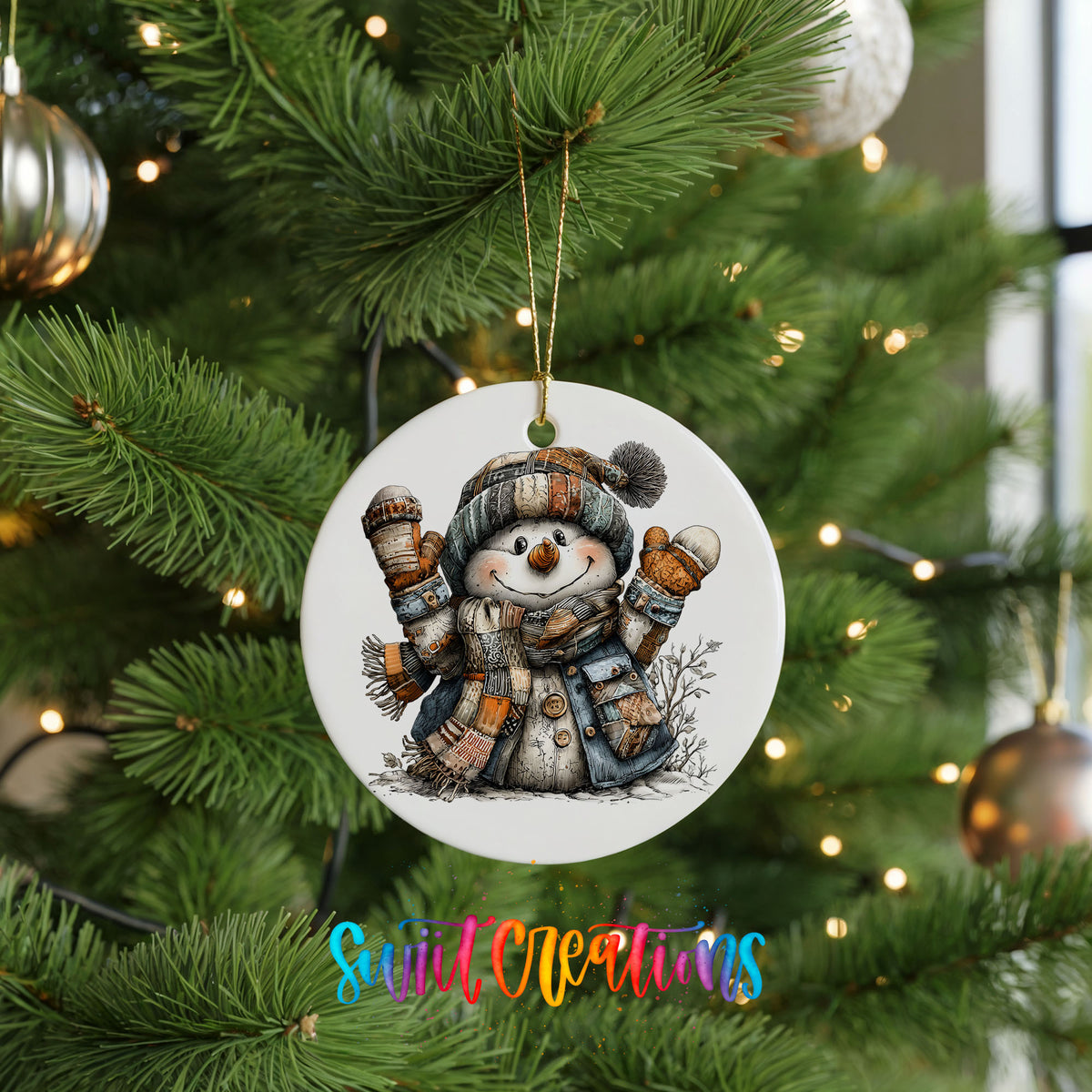 cheerful snowman raising striped winter mittens ceramic Christmas ornament hanging on a lit Christmas tree