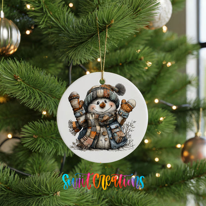 cheerful snowman raising striped winter mittens ceramic Christmas ornament hanging on a lit Christmas tree