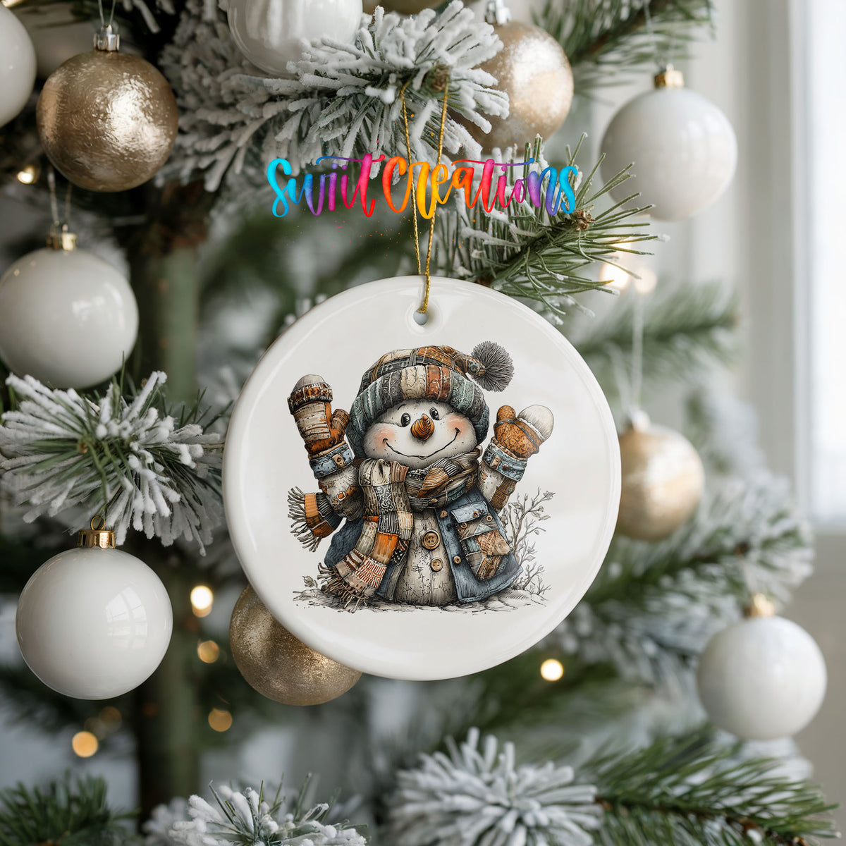 cheerful snowman raising striped winter mittens ceramic Christmas ornament hanging on a frosted tree with ornaments