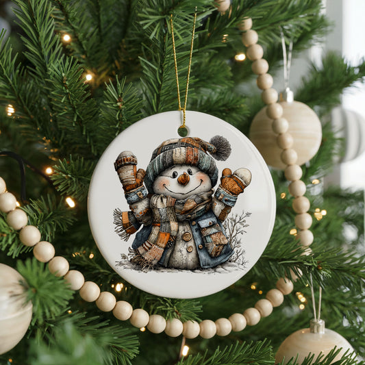 Snowman Raising Winter Mittens ceramic Christmas ornament, front view