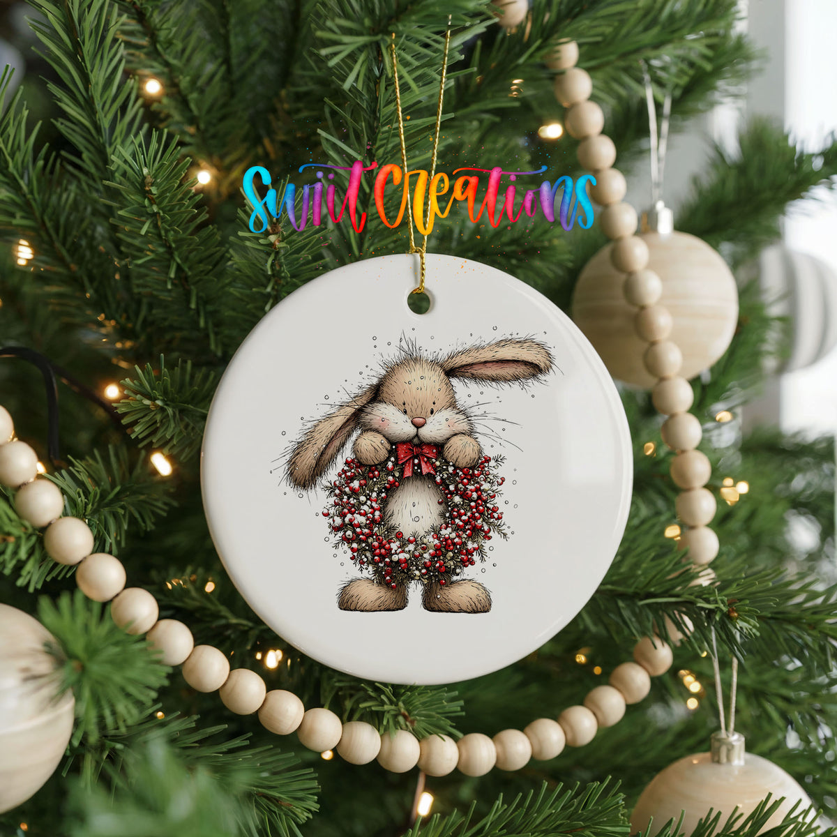 woodland rabbit holding a red berry wreath ceramic Christmas ornament hanging on a green Christmas tree
