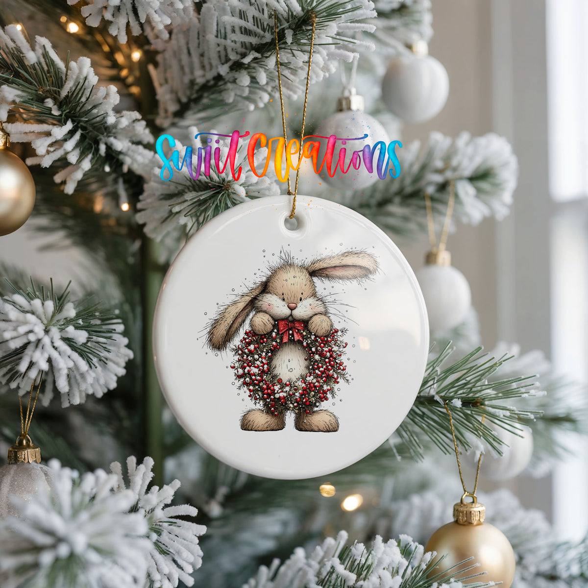 woodland rabbit holding a red berry wreath ceramic Christmas ornament hanging on a frosted Christmas tree