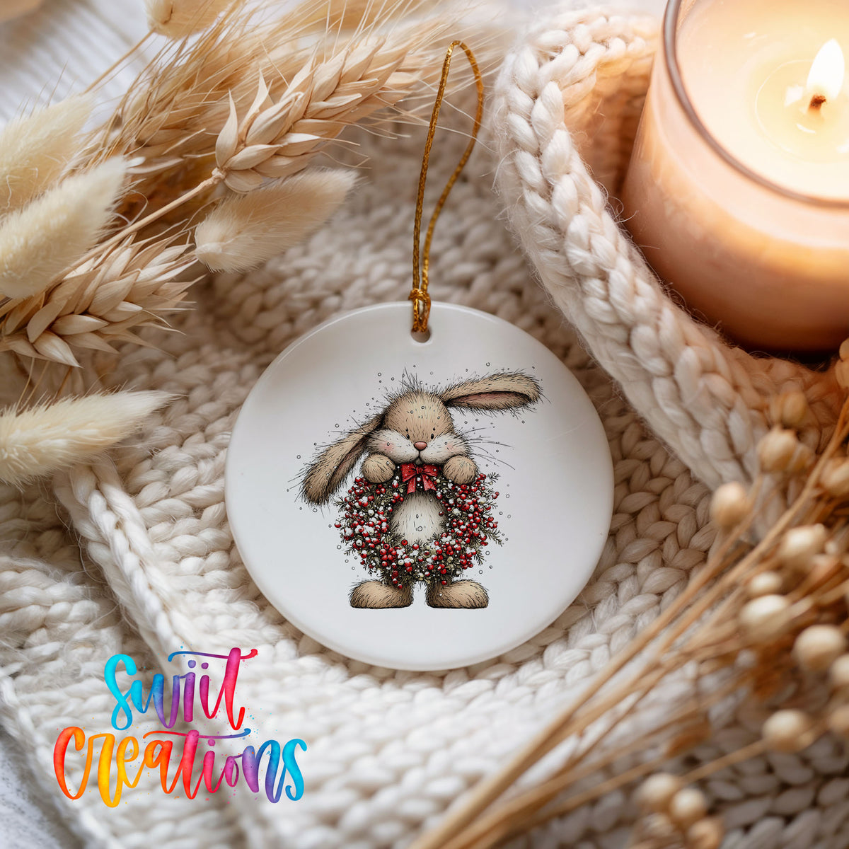 woodland rabbit holding a red berry wreath ceramic Christmas ornament styled on a cozy knit blanket