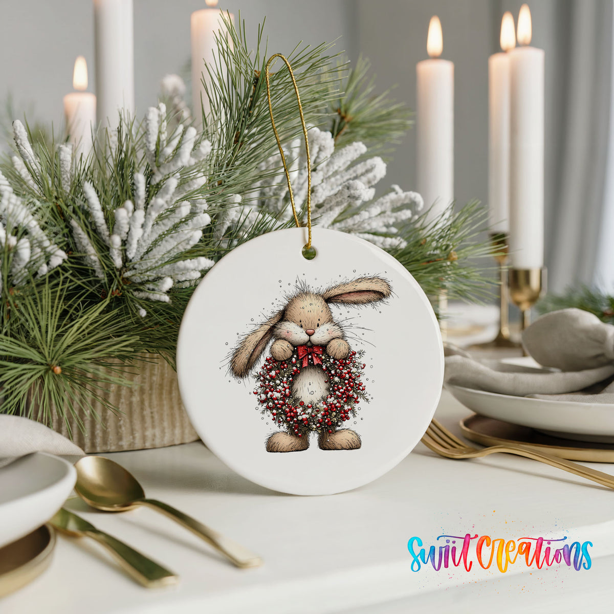 woodland rabbit holding a red berry wreath ceramic Christmas ornament shown in a holiday table setting