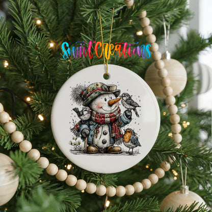 snowman in a green winter hat with woodland birds ceramic Christmas ornament hanging on a green Christmas tree
