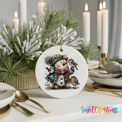snowman in a green winter hat with woodland birds ceramic Christmas ornament shown in a holiday table setting