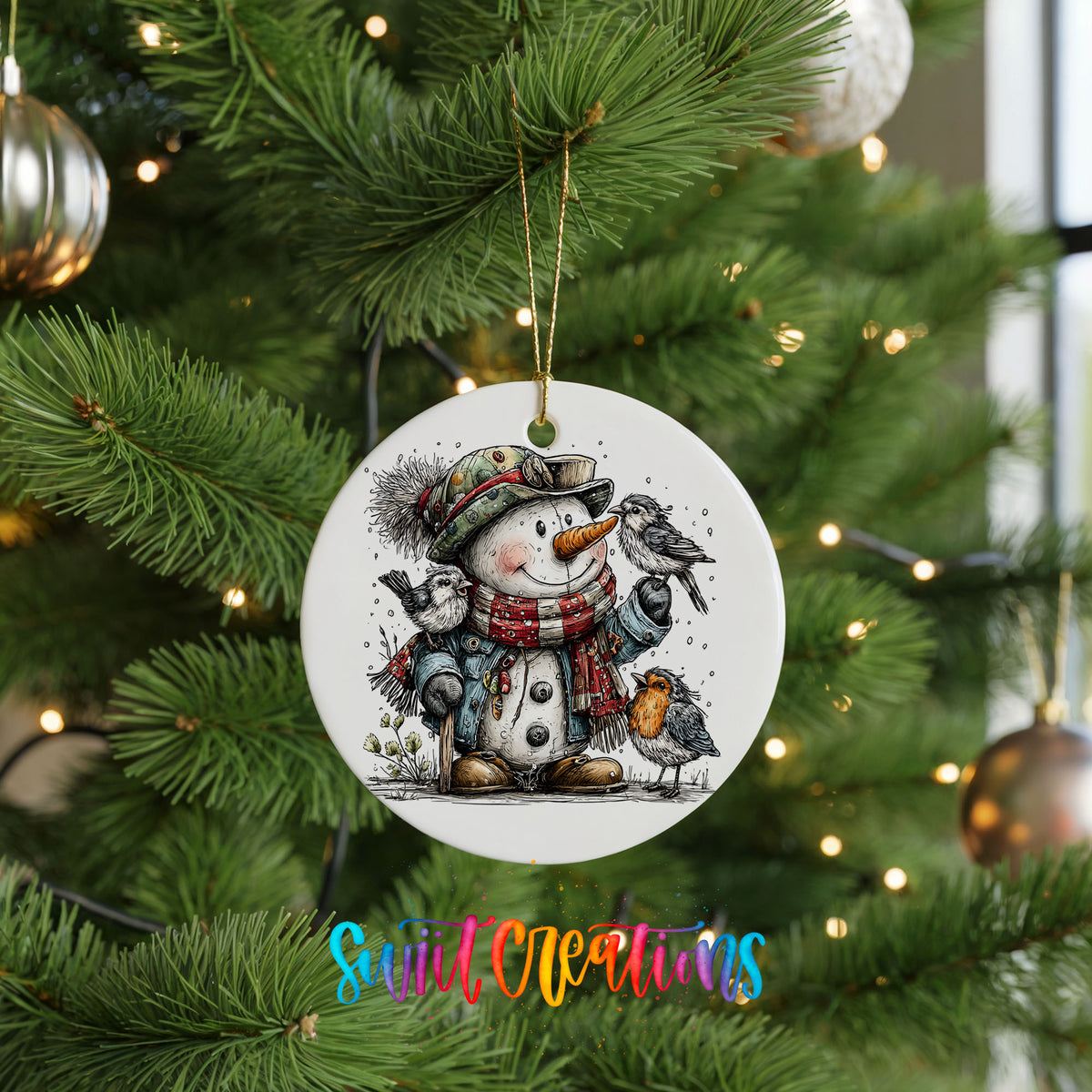 snowman in a green winter hat with woodland birds ceramic Christmas ornament hanging on a lit Christmas tree