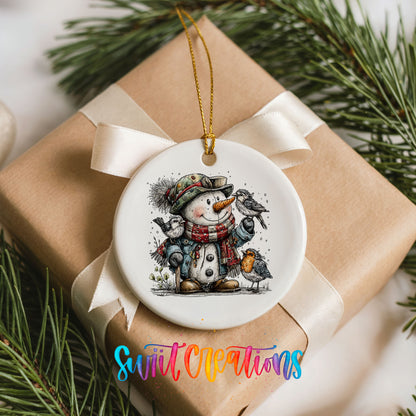 snowman in a green winter hat with woodland birds ceramic Christmas ornament displayed on a wrapped Christmas gift