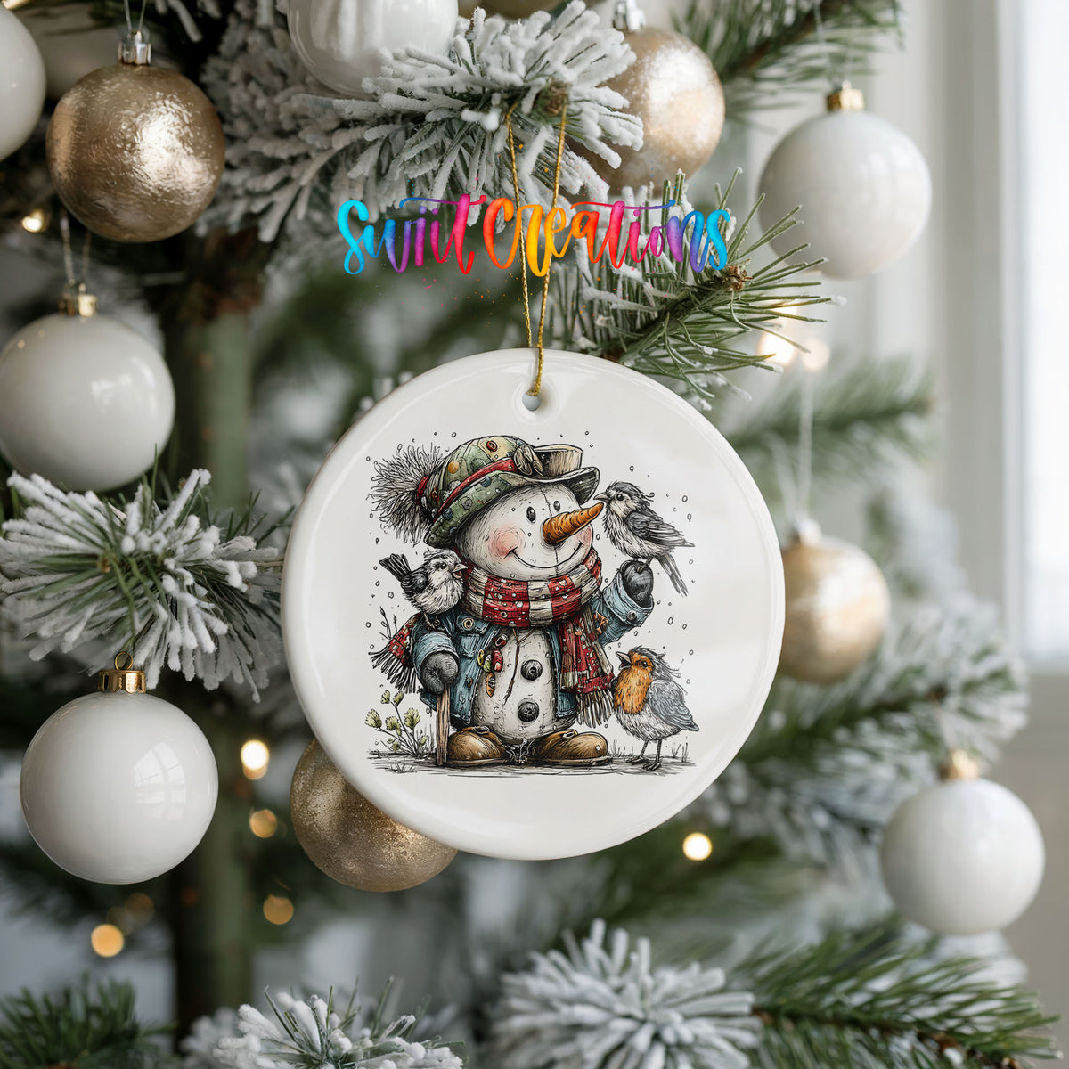 snowman in a green winter hat with woodland birds ceramic Christmas ornament hanging on a frosted tree with ornaments