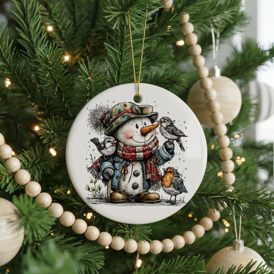 Snowman With Woodland Birds ceramic Christmas ornament, front view