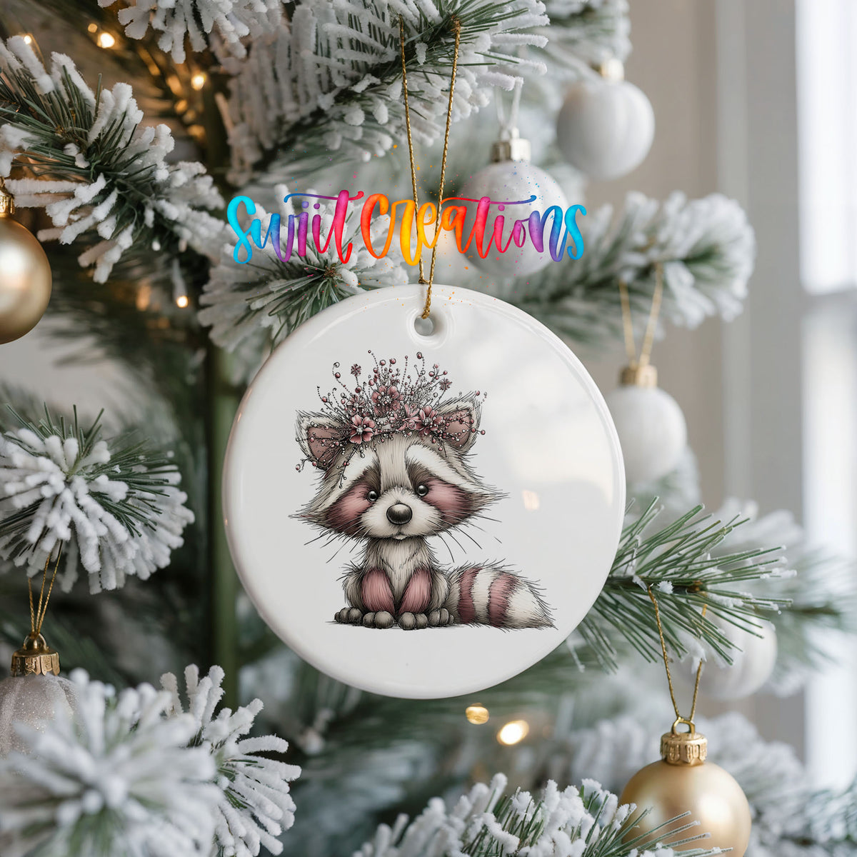 woodland raccoon wearing a pink winter bow ceramic Christmas ornament hanging on a frosted Christmas tree