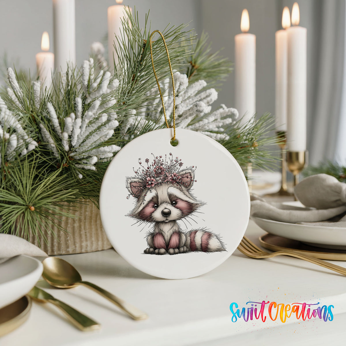 woodland raccoon wearing a pink winter bow ceramic Christmas ornament shown in a holiday table setting