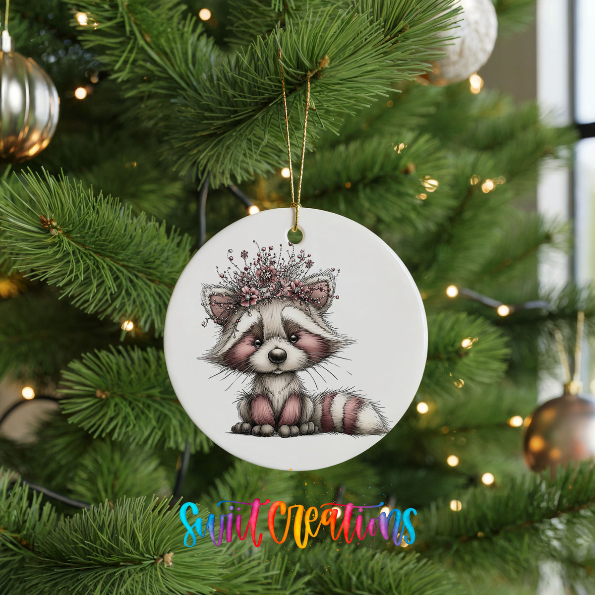 woodland raccoon wearing a pink winter bow ceramic Christmas ornament hanging on a lit Christmas tree