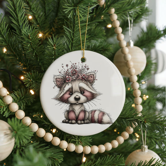Woodland Raccoon With Pink Winter Bow ceramic Christmas ornament, front view